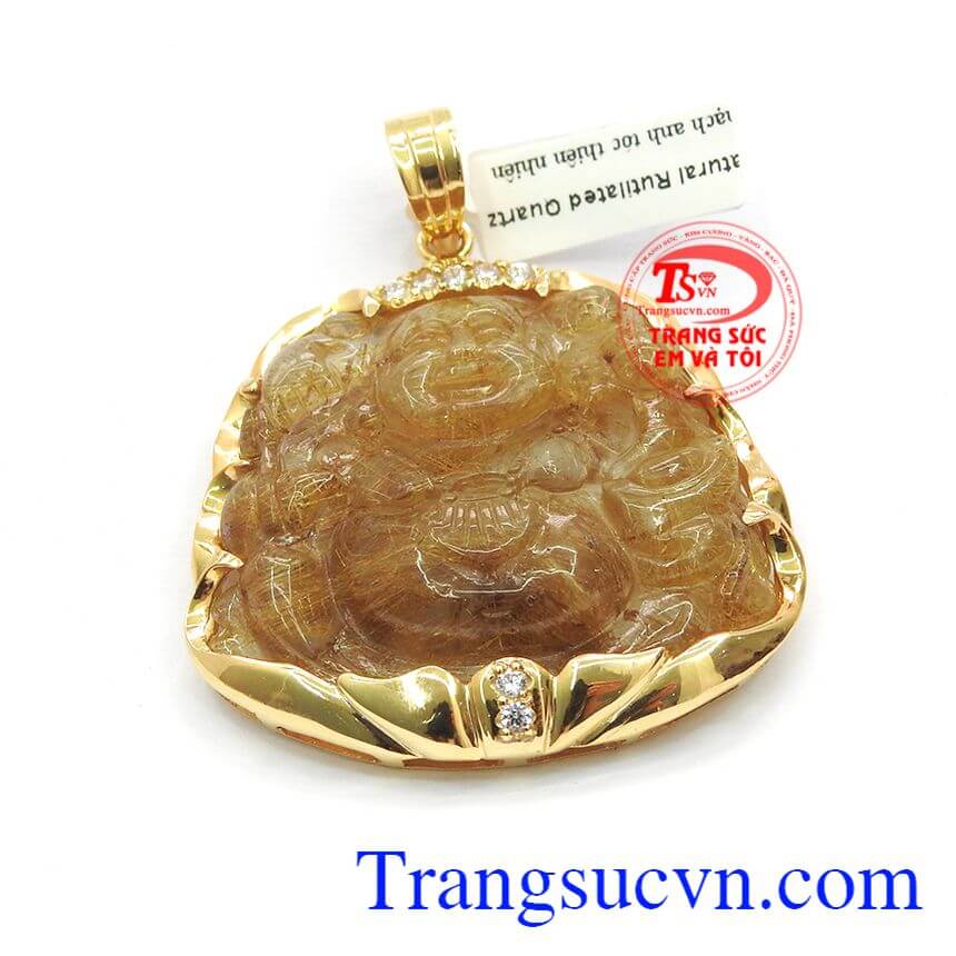 Mặt phật di lặc thạch anh tóc, mặt dây chuyền nam, mặt dây vàng sang trọng