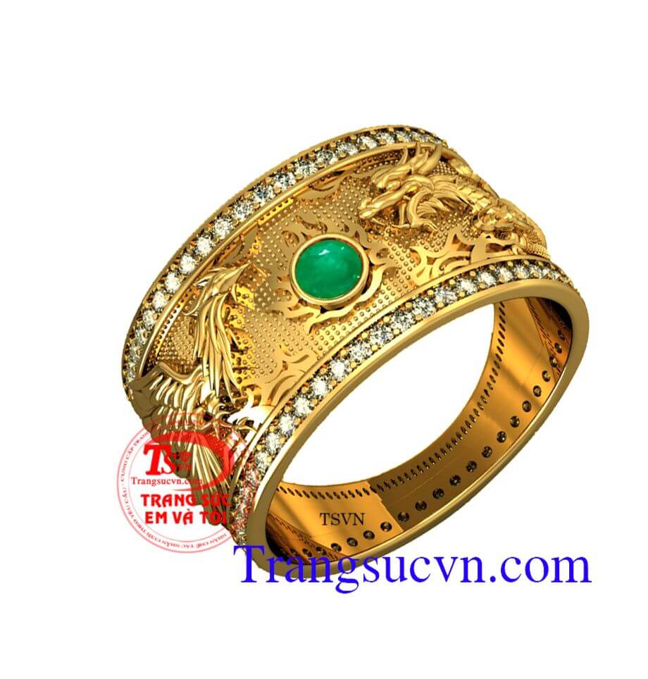 Nhẫn vàng Emerald rồng phượng, nhẫn nam vàng 18k, nhẫn nam đẹp, nhẫn nam emerald