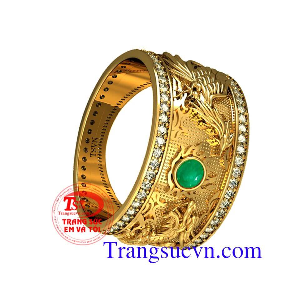 Nhẫn vàng Emerald rồng phượng, nhẫn nam vàng 18k, nhẫn nam đẹp, nhẫn nam emerald