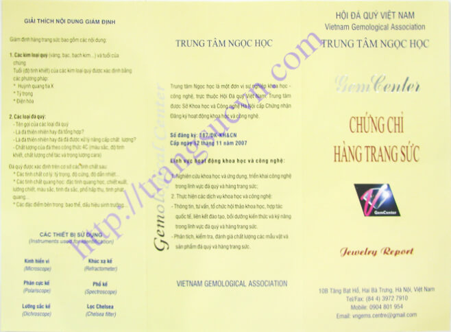 Mặt trước Giấy kiểm định của công ty Trung Tâm Ngọc Học Jem Center